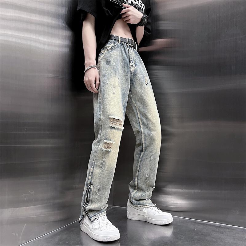 Jeansi largi drepți cu crăpătură și fermoar pentru bărbați de primăvară/vară - Pantaloni coreeni la modă cu picior lat