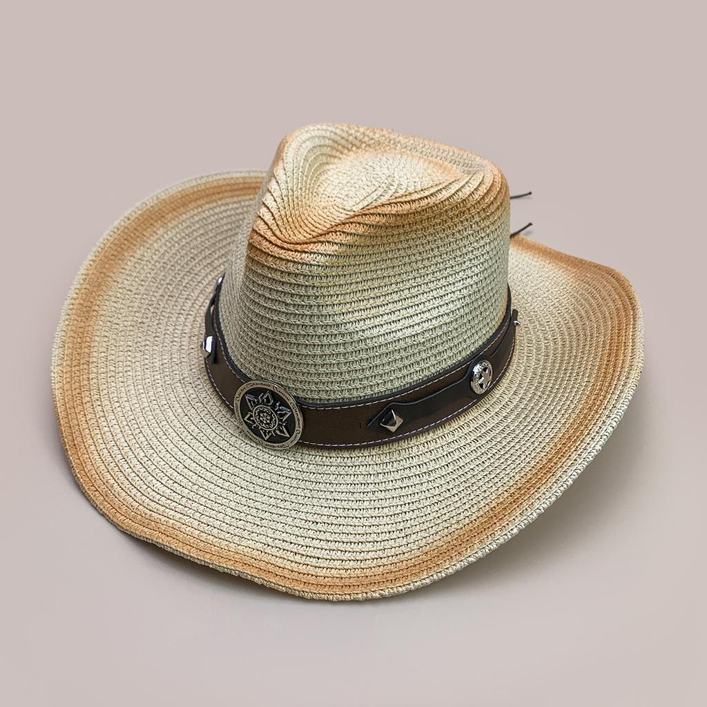 Retro Belt Cow Head Accessories Western Cowboy Hat Men And Women American Sunshade Gradual Change Color Straw Hat