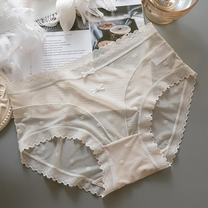 Mesh Lace Thin and Semi-transparent Panties with Double Bowknots and Small Flowers, Pure Desire and Seductive Triangle Women’s Panties