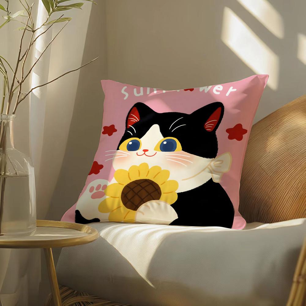 Cute Cartoon Cat Patterns Pillow Case Double-Sided Plush Sofa Cushion Covers Organic Breathable Invisible Zipper