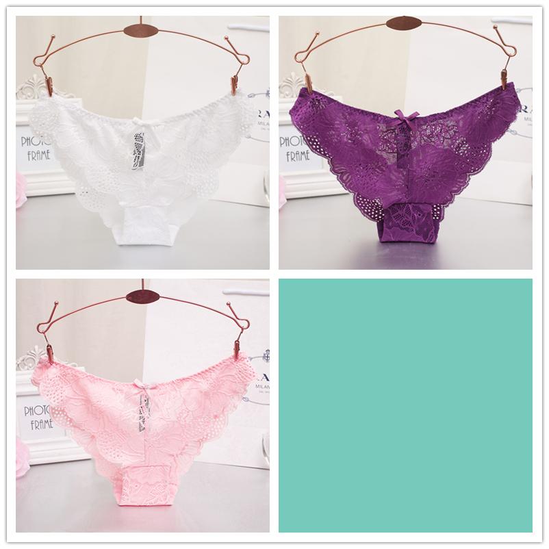 3pcs/lot Women's Sexy Hollow Lace Low Waist Triangle Panties Ruffle Edge Bow Underpants