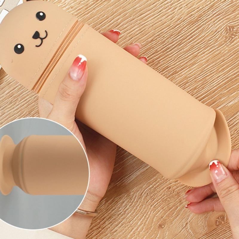Large Capacity Pencil Case Cartoon Bear Pencil Box with Suction Cup Silicone Pen Bag for Students Teens Girls Boys