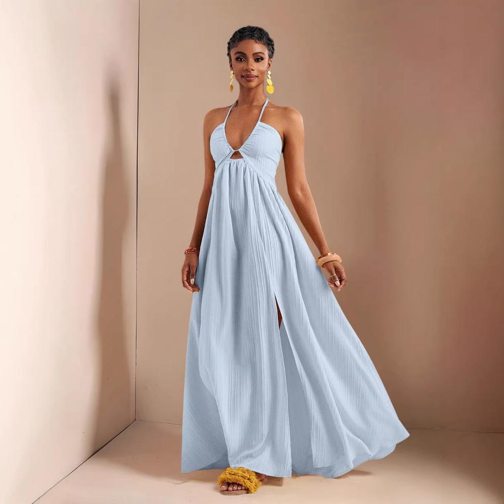 European and American Summer New Sexy V-neck Dress, Loose Holiday Style Split-ended Big Swing Dress for Women