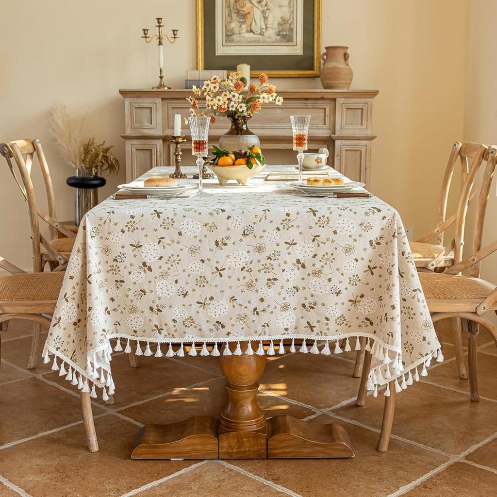Square Vintage Cotton Linen Tablecloth with Stitching Tassels Washable Fabric Table Cover for Christmas Dining Kitchen Tea Party