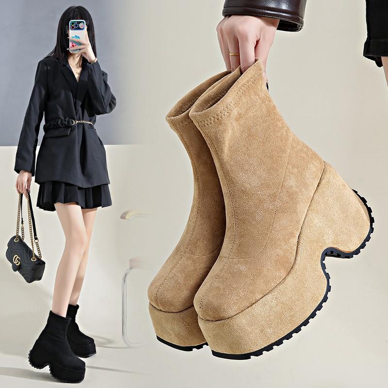 Black Elastic Short Thin Boots Women's 23 New Waterproof Table Martin Boots Autumn and Winter High-heeled Socks Boots