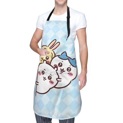 Cute Hachiware (Hachi-ware) Apron for Kitchen, Cafe, or Cooking, with Neck Strap and Pockets, Waterproof and Stain-Resistant for Home and Work Use