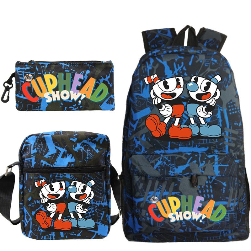 Cartoon Teacup Head Cuphead Student Backpack Oblique Span Bag Pencil Bag Primary And Secondary School Students Children'S Schoolbag Three-Piece Set