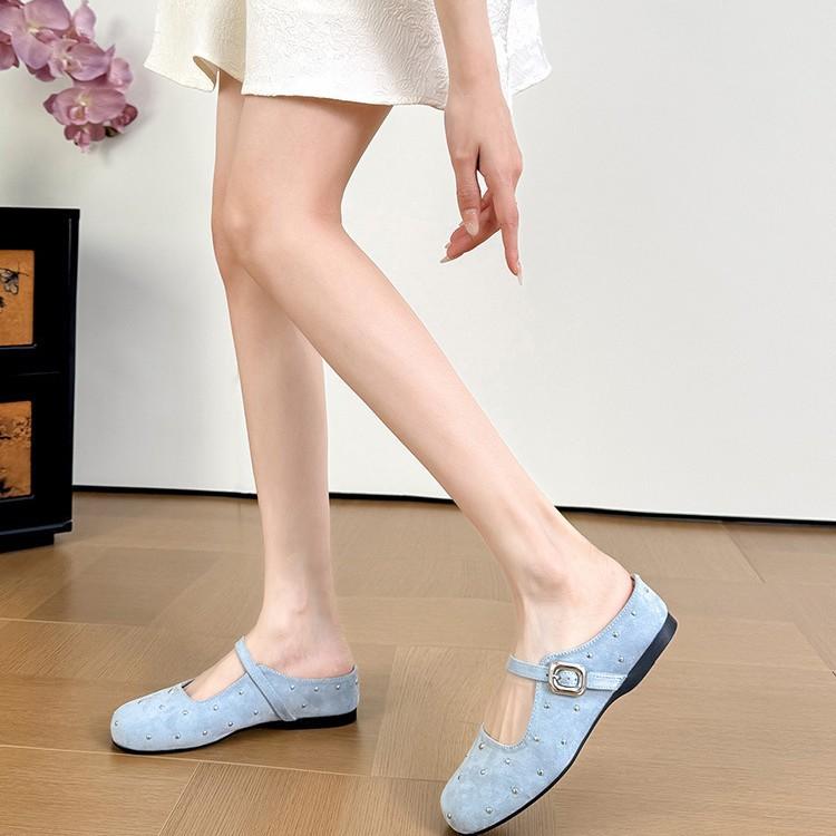 Inner height increase 5cm cool slippers women's 2025 summer new one-word buckle with Mary Jane shoes retro rivet half slippers