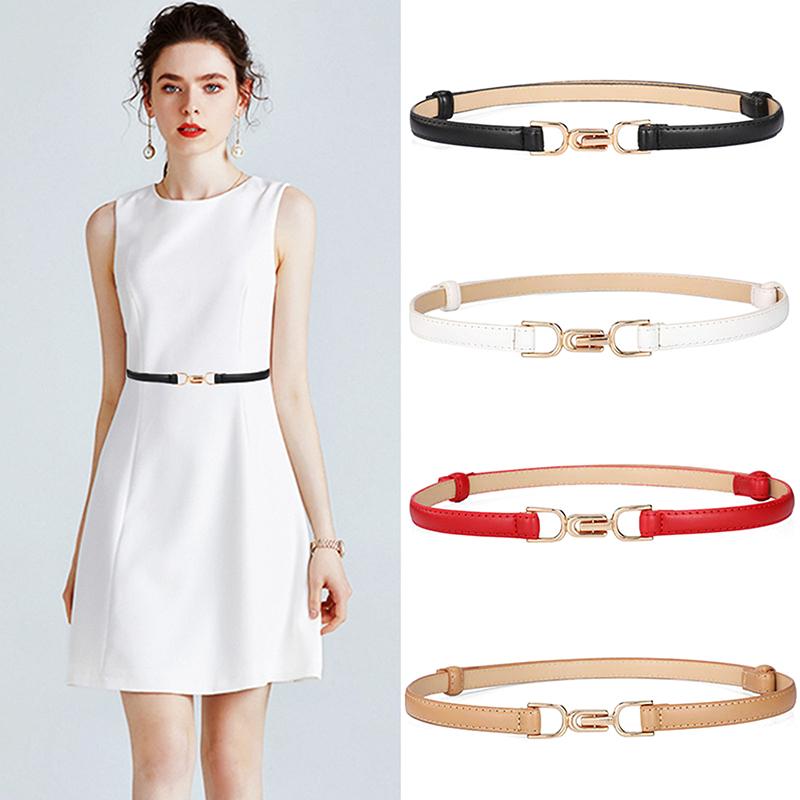 Cinto Feminino Simples de Couro Fino para Vestido Ajustável Cinto Fino de Cintura Cinto de Vestido com Fivela Dourada Vintage Couro Sintético