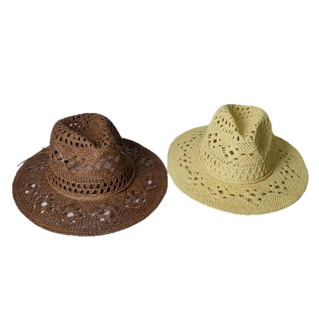 Sommer Sonnenblende Kinder hohl atmungsaktiv Strand handgewebter Strohhut Retro Glockenhut Cowboyhut