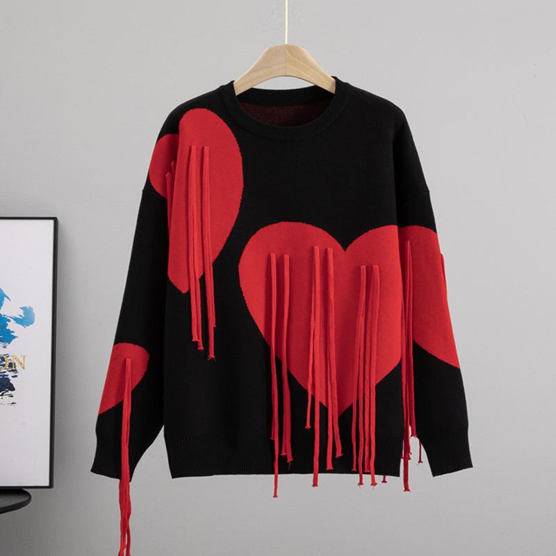 Soft Waxy Sweater Women's Autumn and Winter Soft Round Neck Fringed Love Loose Lazy Style Fashion Knitted Sweater Top Tide