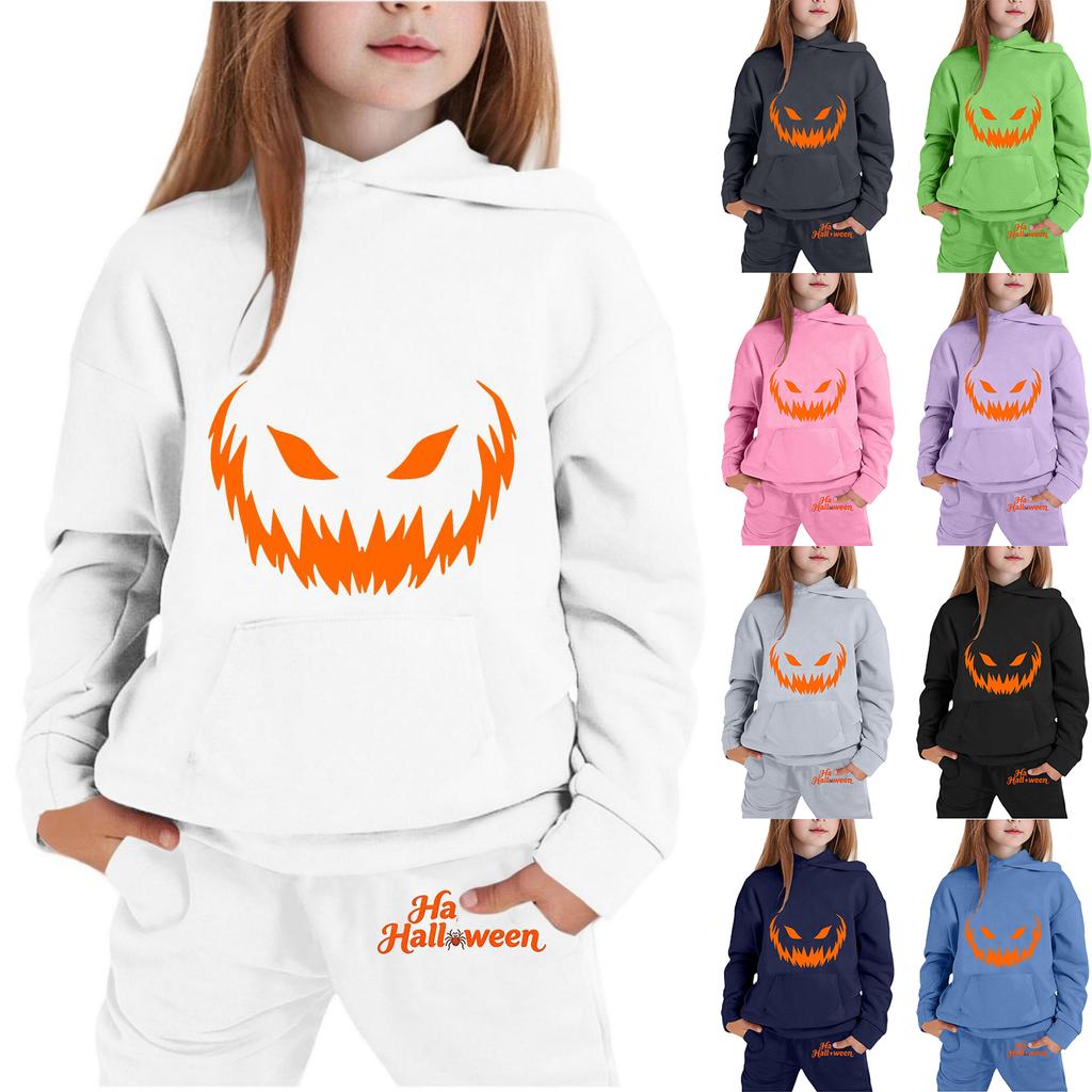 Kids Halloween Hoodie Set with Pumpkin Face Print Long Sleeve Pullover Top and Matching Pants Comfortable Fit for Boys and Girls
