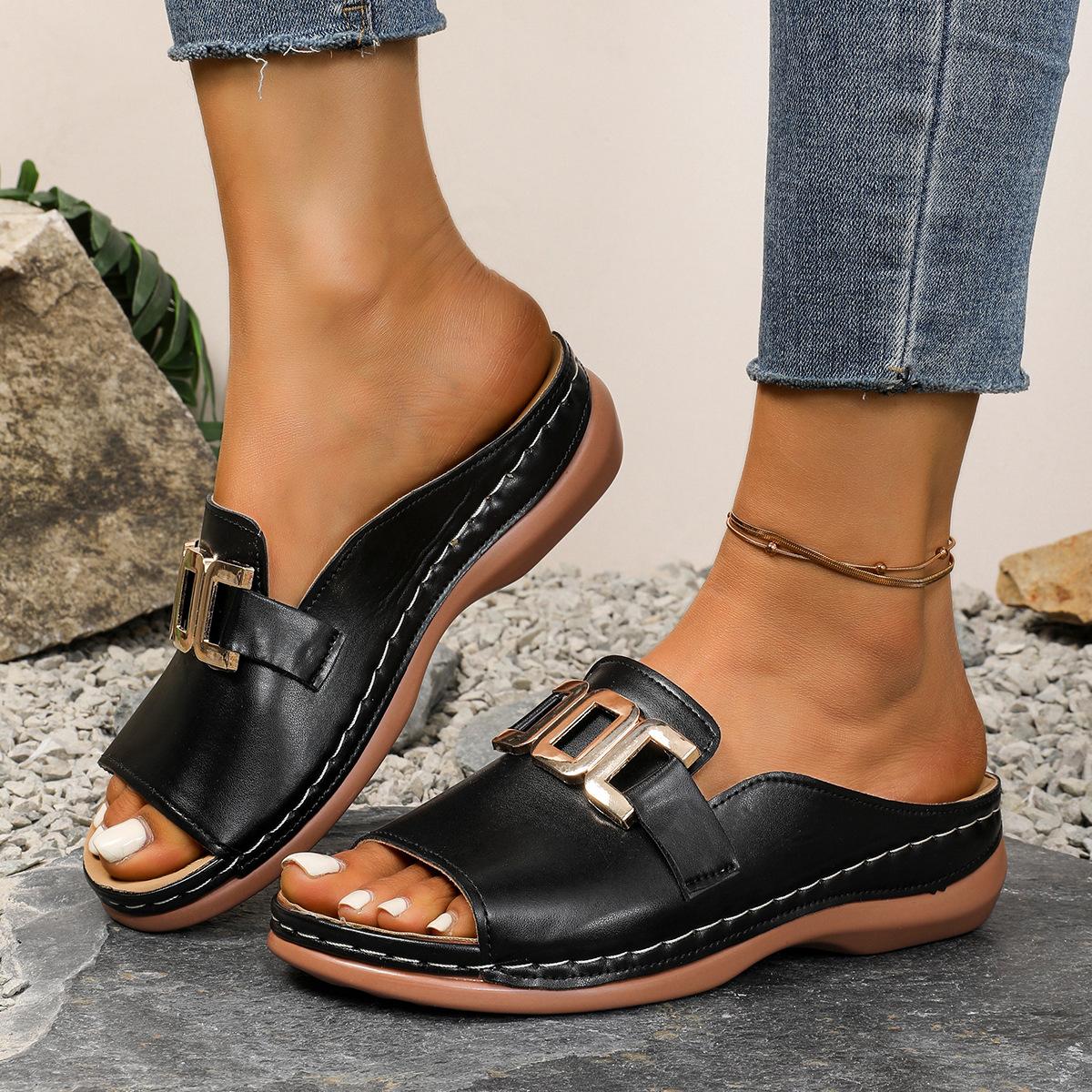 

Plus-size Shoes, New Wedge Heel Slippers, Women s Casual Peep-toe Flip-flops 36 чёрный