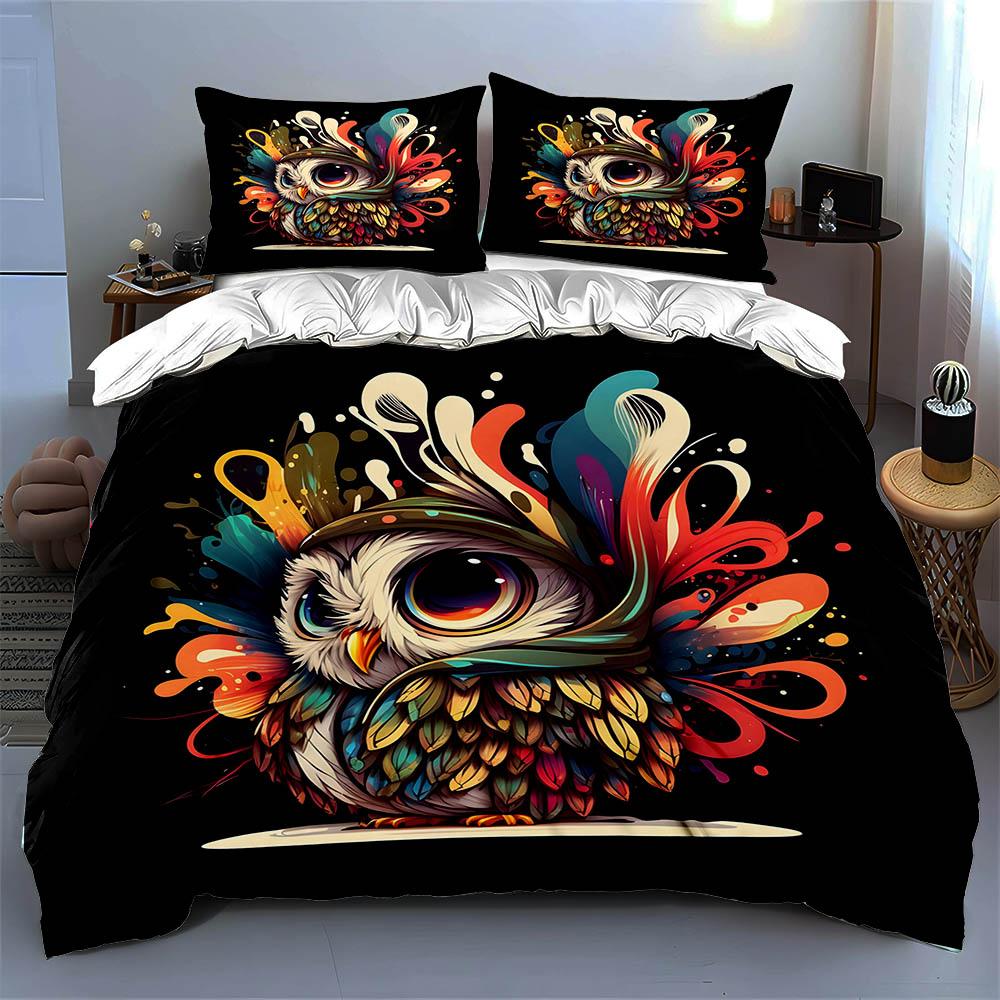 Colorful Owl Artwork Bedding Duvet Cover Sets Duvet Covers Pillowcases Gifts (1 * Duvet Cover 2 * Pillowcases, Without Duvet Insert)