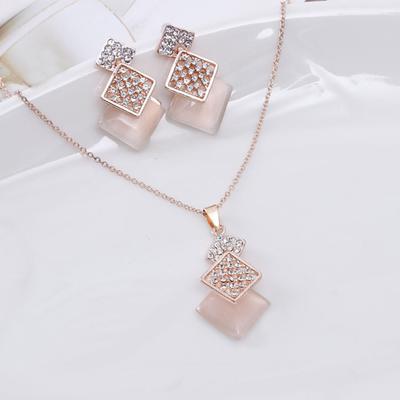 Women Rhinestone Opal Squares Shape Pendant Chain Necklace Earrings Jewelry Set
