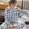 Damen Kariertes Strickjacken-Pyjama-Set - Langärmlig, Hose, Lässiger Stil für Frühling & Herbst.