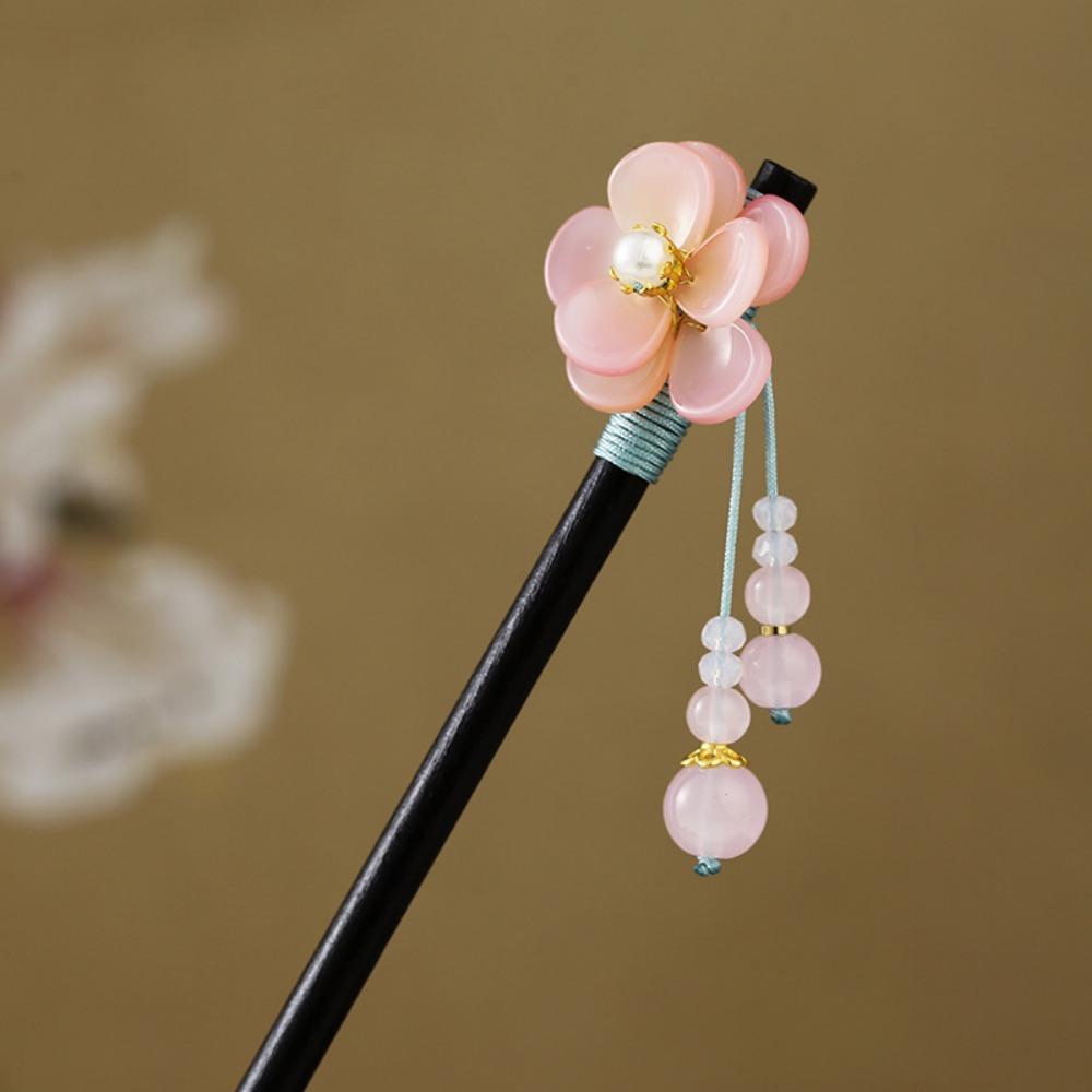 Decorative Chinese Style Flower Hair Sticks Handmade with Tassel Hair Chopsticks Retro Hair Fork Wooden Hairpin for Hanfu
