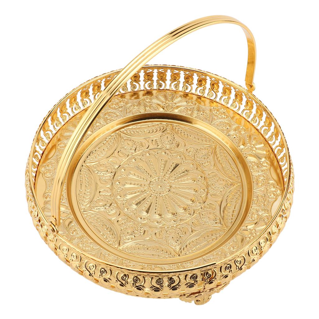 Retro Round Fruit Tray Exquisite Decorative Large Capacity Alloy Dessert Plate with Handle for