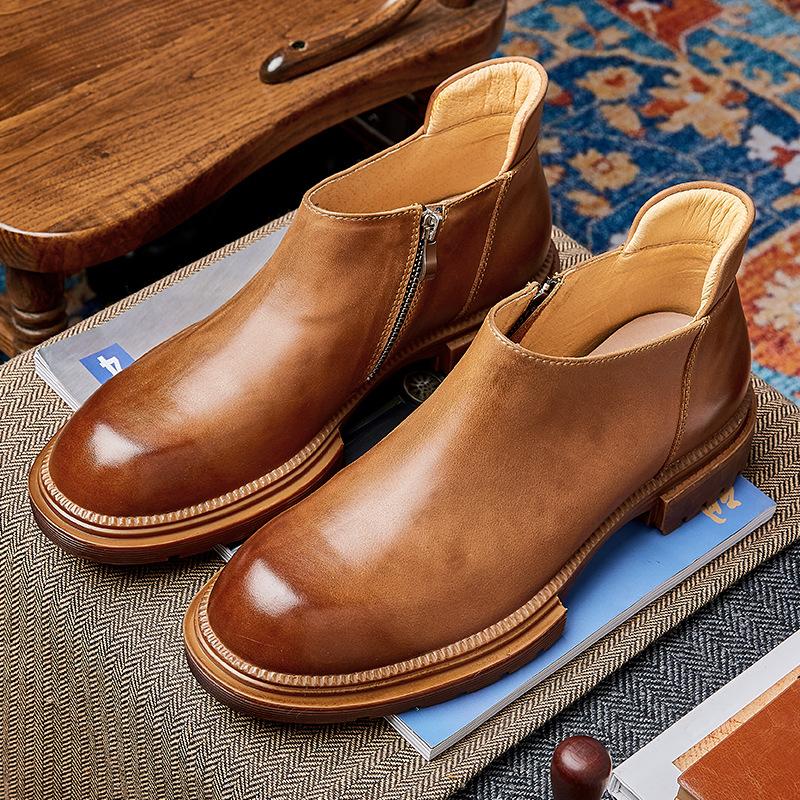 Leather Chelsea Short Boots British Style Retro Locomotive Platform Leather Martin Boots Men'S Trendy Tooling Big Head High Top Shoes