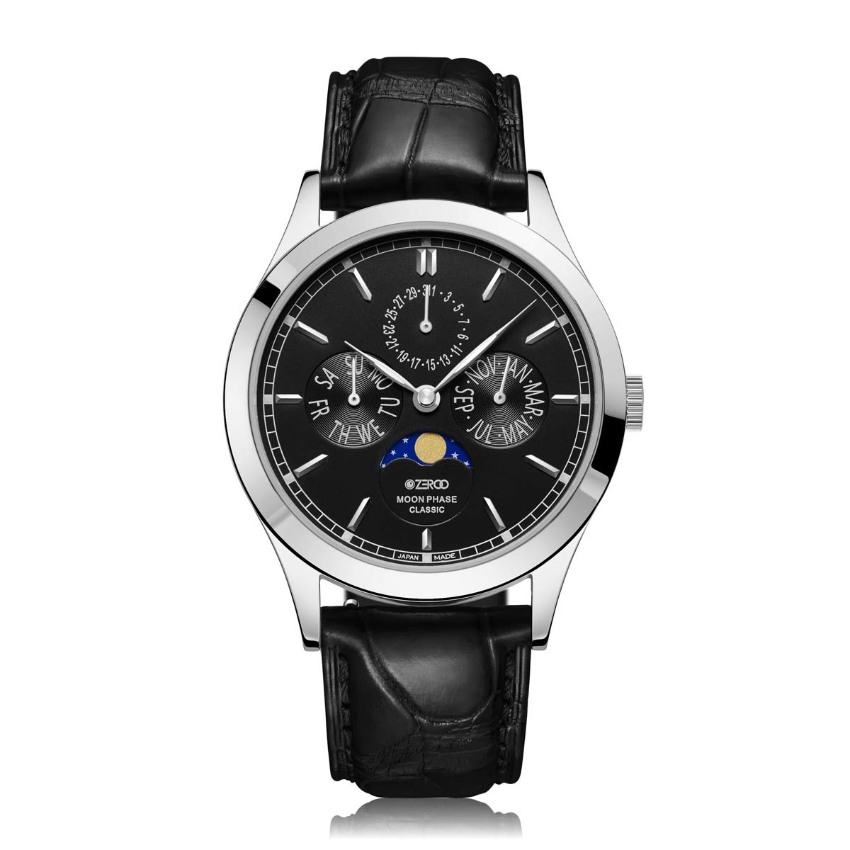 

ZEROO CLASSIC Watch Moon Phase Sapphire Glass Quartz Watch ZC001SBK Color [ZERO] Men s [Genuine Product] (Black/Case Silver) чорний