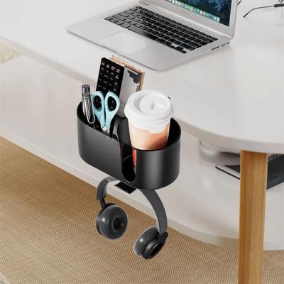 Aluminum Alloy Desk Cup Holder Clamp Design ABS Plastic Clip-on Cup Holder Organizer Multi-Functional Black 2 In 1 Desk Storage