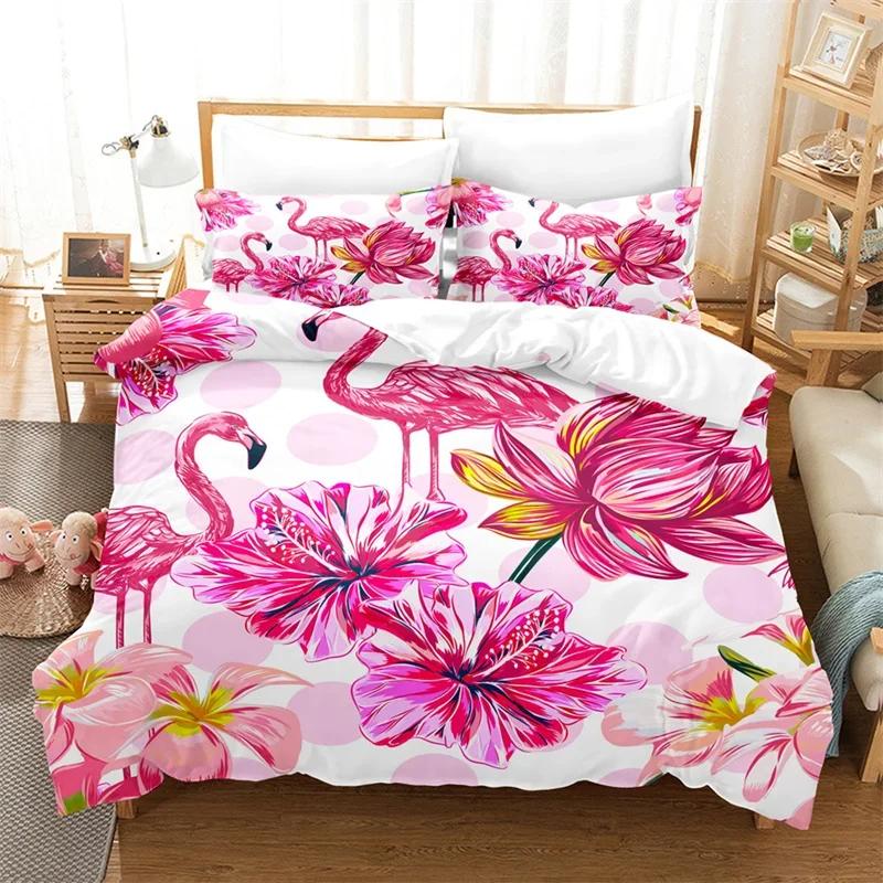 Flamingo Bettbezug Tropische Palmenblätter Bettwäschebezug Polyester 3D Blumiges Bettwäsche-Set Twin King Für Mädchen Jungen Zimmerdekor