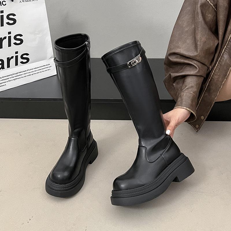 British style lock short boots women's autumn and winter fashion boots half boots heightening leather boots Martin boots thick heel medium boots