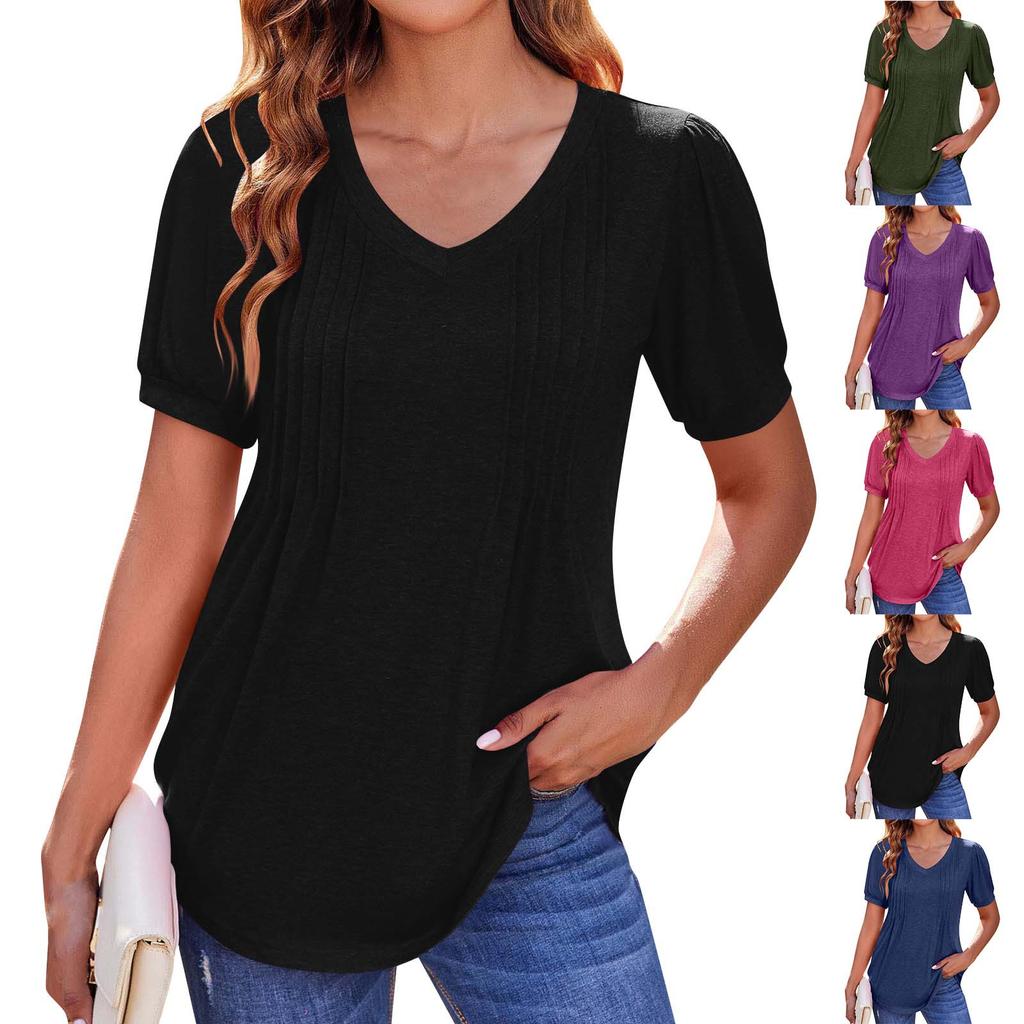 Women's Puff Short Sleeve Boho Shirt Casual V Neck Solid Color Summer Shirt Pleated Casual Tunic Top