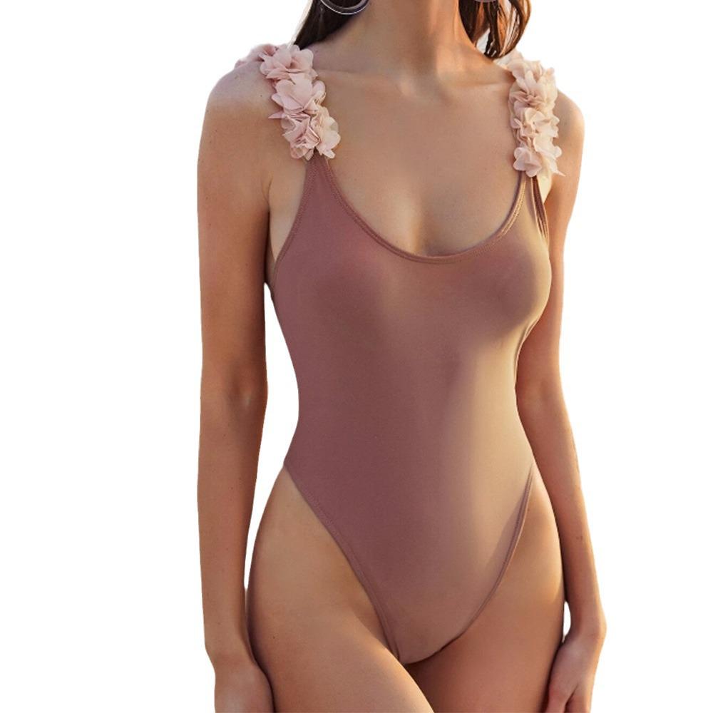 High-End 3D Floral Solid Color Backless Swimsuit: Sexy, Gathered, Beach Vacation Style Bikini