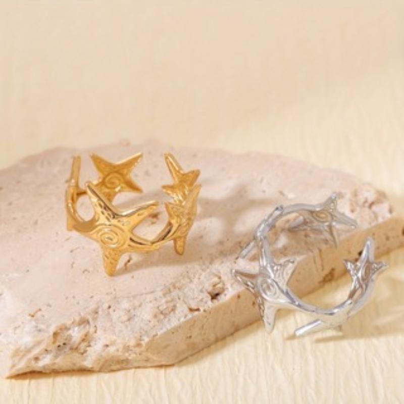 Vintage Stainless Steel Gold Color Starfish Spliced Open Ring for Women Fashion Vacation Style Holiday Jewelry Accessory Gift