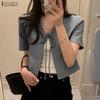 ZANZEA Blusa tipo cárdigan informal con cuello en V y mangas cortas con cordones para mujer