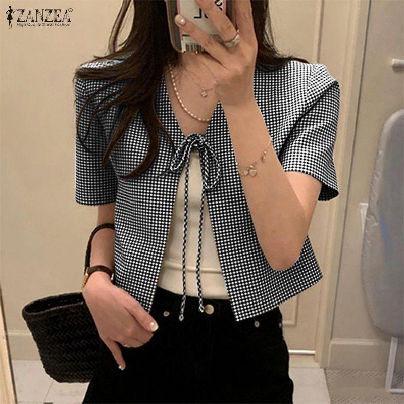 ZANZEA Blusa tipo cárdigan informal con cuello en V y mangas cortas con cordones para mujer