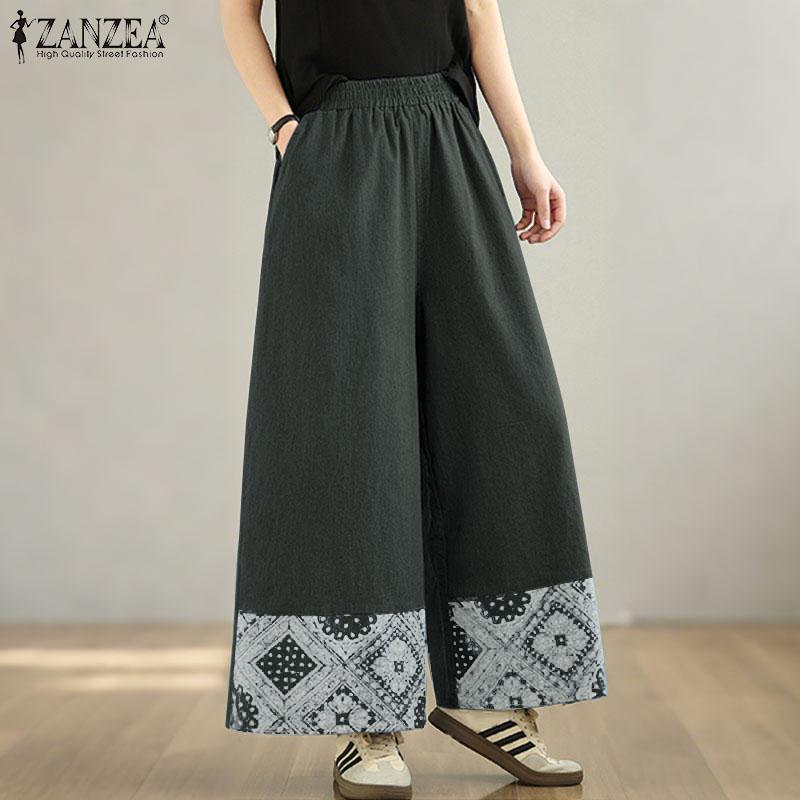 ZANZEA Women Casual Elastic Waist Loose Print Cropped Pants