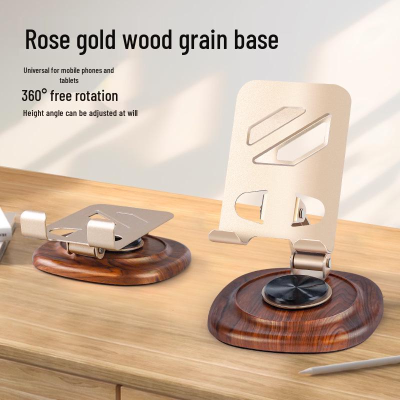 Rotating Foldable Desktop Phone Holder with Metal Stand and Walnut Base