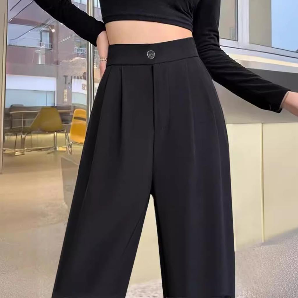 2024 Summer Women Black High‑Waist Suit Wide‑Leg Pants Draping Straight‑Leg Casual Trousers Elastic Waist Plus Size Fashion Bottoms