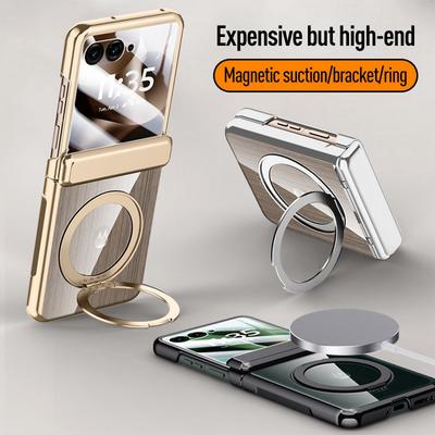 Metal Ring Holder Magnetic Transparent Tempered Glass Film Case For Motorola Razr 60 Ultra Moto Razr 60 50 Spring Hinge Cover