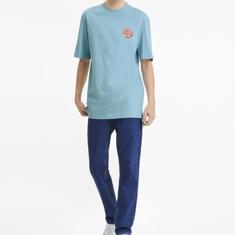 Puma Downtown Graphic Back Letter Print Short Sleeve T-Shirt Men Tops Sky-Blue 597337-18