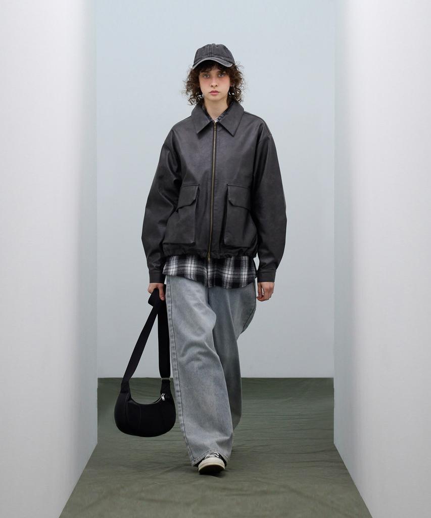 Standarderror 87-Stan176 Minimal Vintage Double Pocket Leather Jacket Black