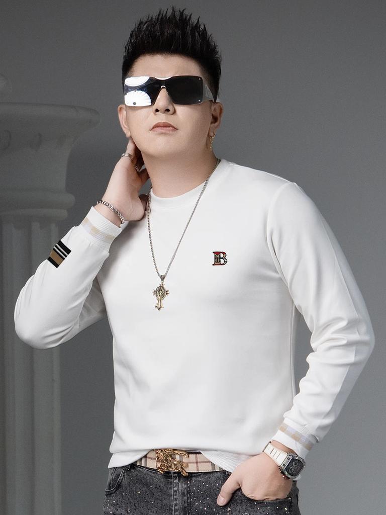 European-Style Hoodless Crewneck Sweatshirt for Men, 2026 Spring New Fashion Brand Letter Embroidery Long-Sleeve Top, Men's Base Layer Shirt