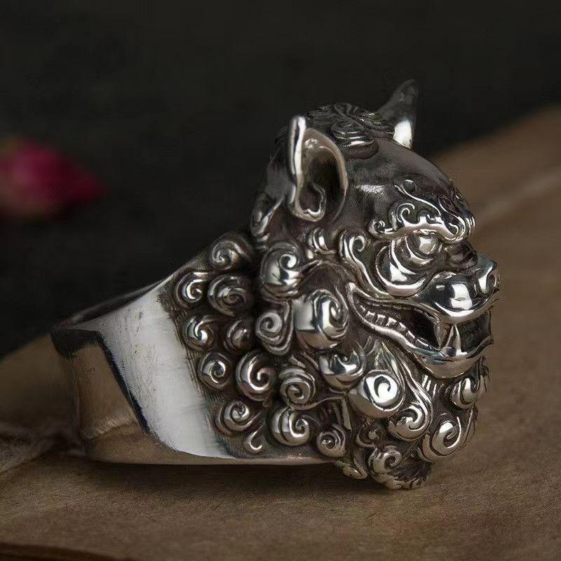 Retro Thai Silver Chinese Tang Lion Adjustable Ring for Men
