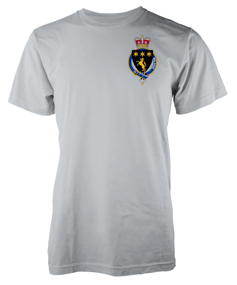 

Personalised Wilson Family Name T-Shirt Family Crest Badge Coat Of Arms Adult 2XL