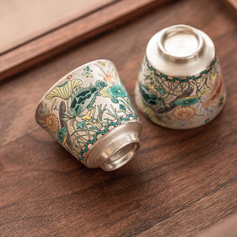Plating Silver Ceramics Teacup Hand-painted Fish Master Cup Retro Tea Bowl Chinese Kung Fu Teaset Drinkware Teaware Tea Ceremony