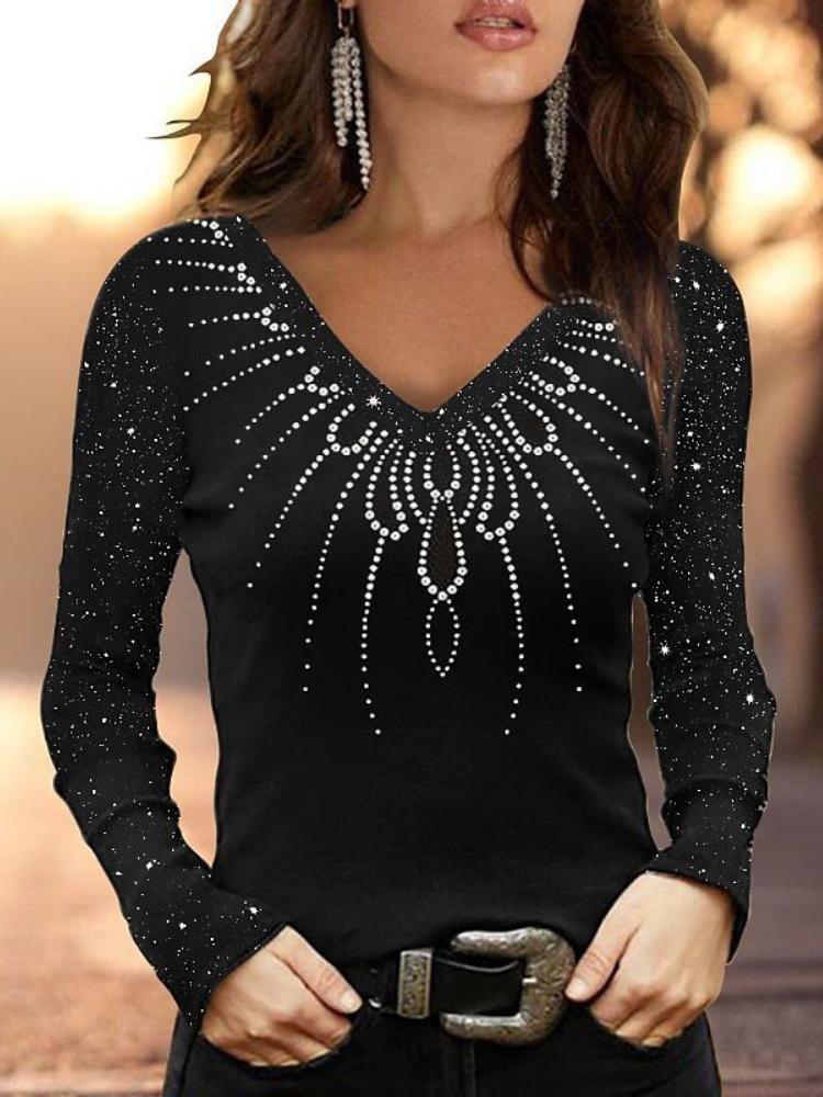 Plus Size Women's Long Sleeve V-neck Printed Slim Fit T-shirt Base Shirt