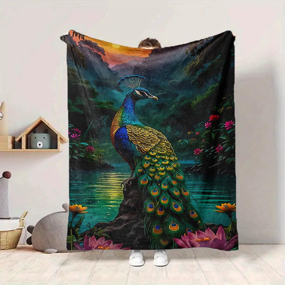 1pc Peacock Nature Scene Blanket, Lightweight Flannel Throw For Sofa, Bed, Travel, Camping, Livingroom, Office, Couch, Chair, And Bed,