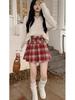 High Waist Plus Size Red Plaid A-Line Pleated Skirt, Slimming Wool Autumn Wear