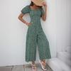 Women's Square Neck Puff Sleeve Wide Leg Printed Jumpsuit