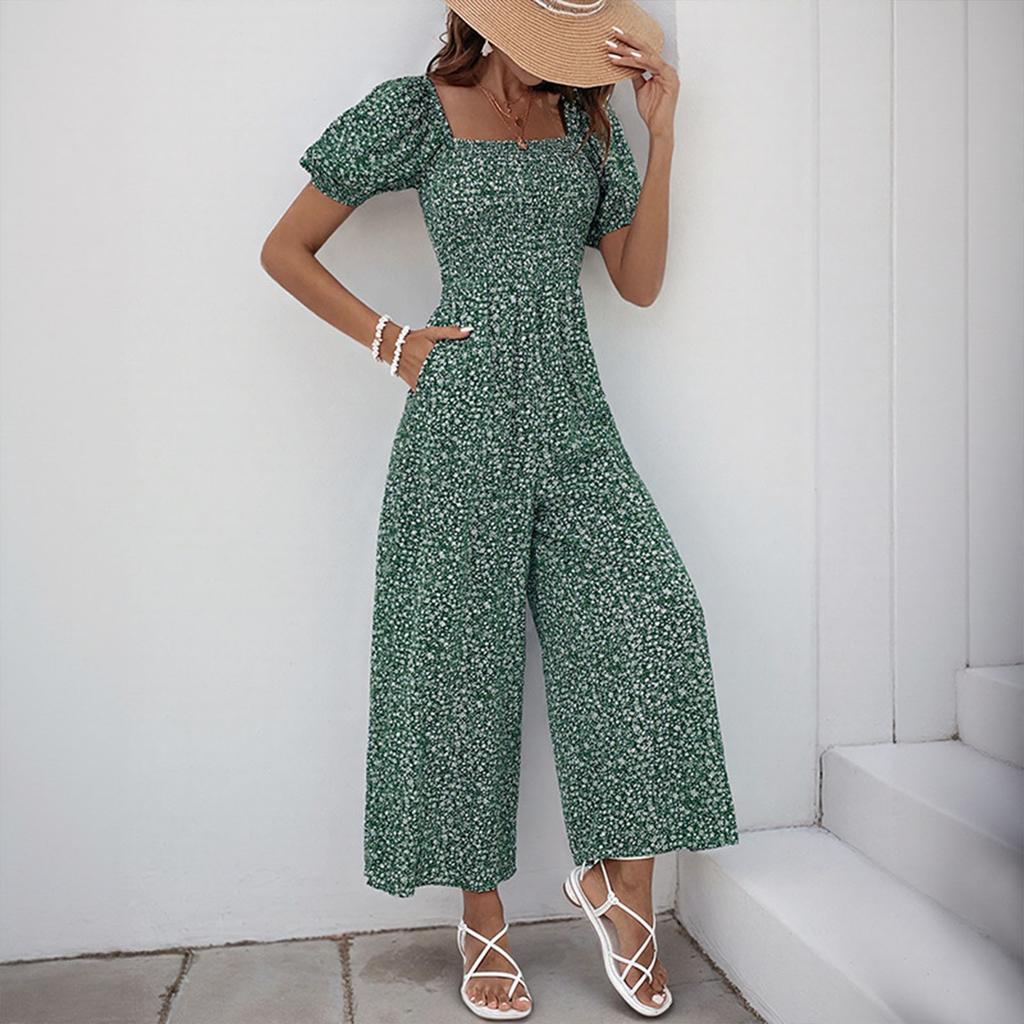 Women's Square Neck Puff Sleeve Wide Leg Printed Jumpsuit