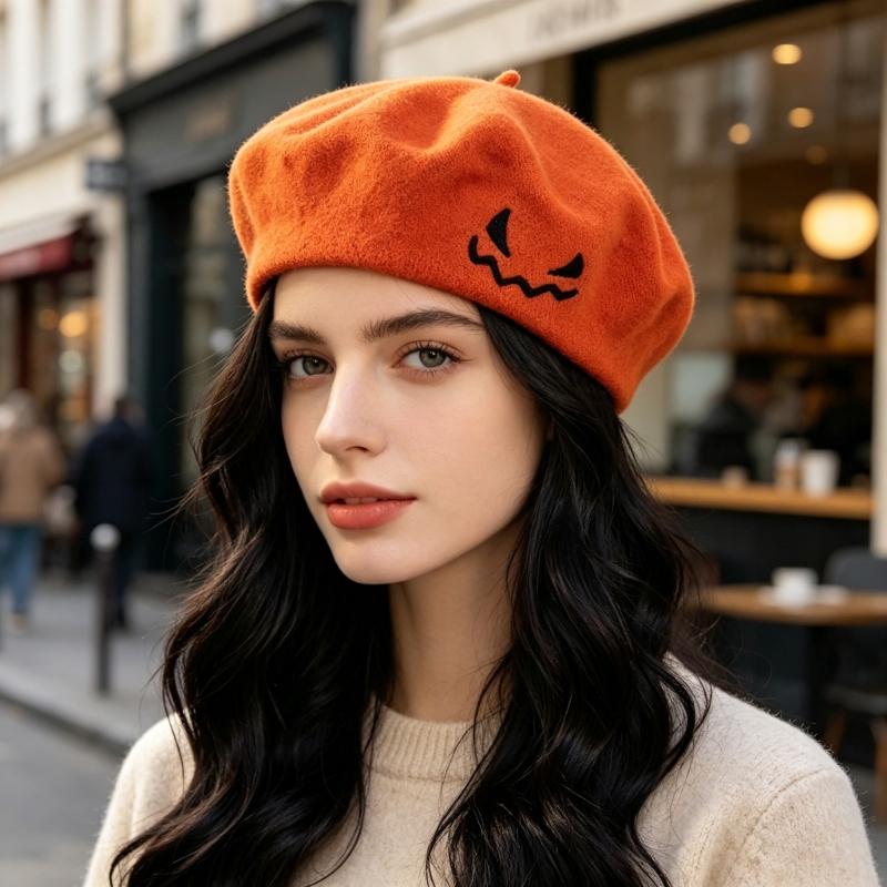 Embroidered Halloween Beret for Adults and Teens, Soft Fabric Hat for Party Dressing, Photos, and Fall Wear Style