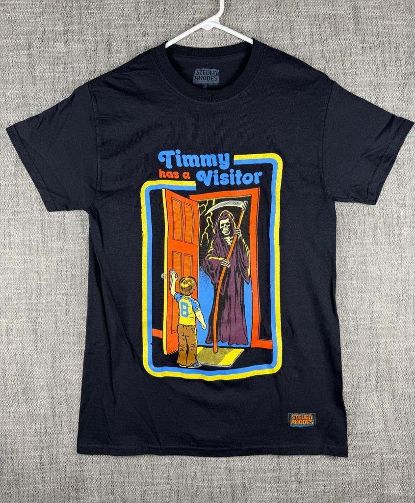 Size S - Steven Rhodes Timmy Visitor Graphic 100% Cotton T-shirt Mens Tees Top Black Spencers Retro Horror