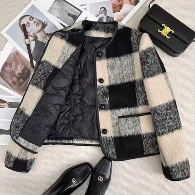 Women's 2026 Plaid Wool Short Jacket with Down-Filled Lining, Small Luxury Style